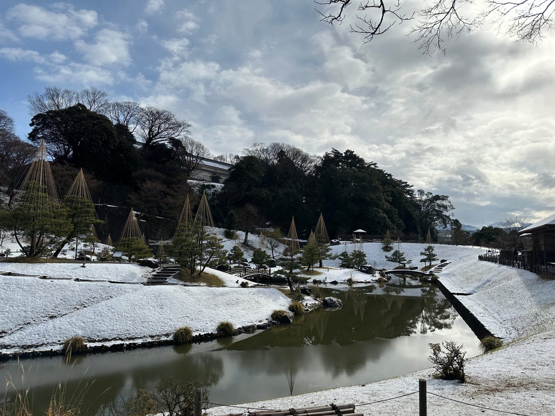 雪吊りの庭と池